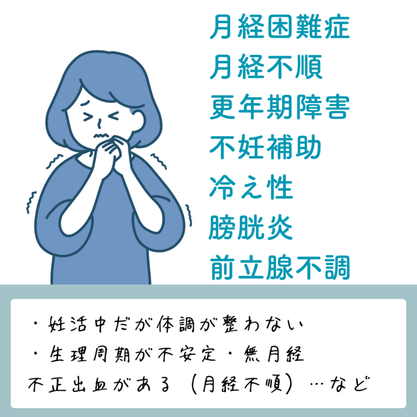 月経困難症・月経不順・更年期障害・不妊補助・冷え性・膀胱炎・前立腺不調